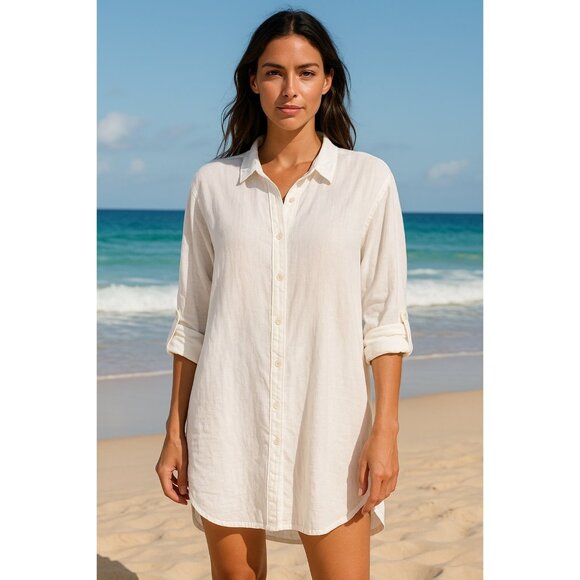 J.Crew Beachwear Linen Cotton Button Front Tunic Top L White Long Sleeve - Picture 7 of 7